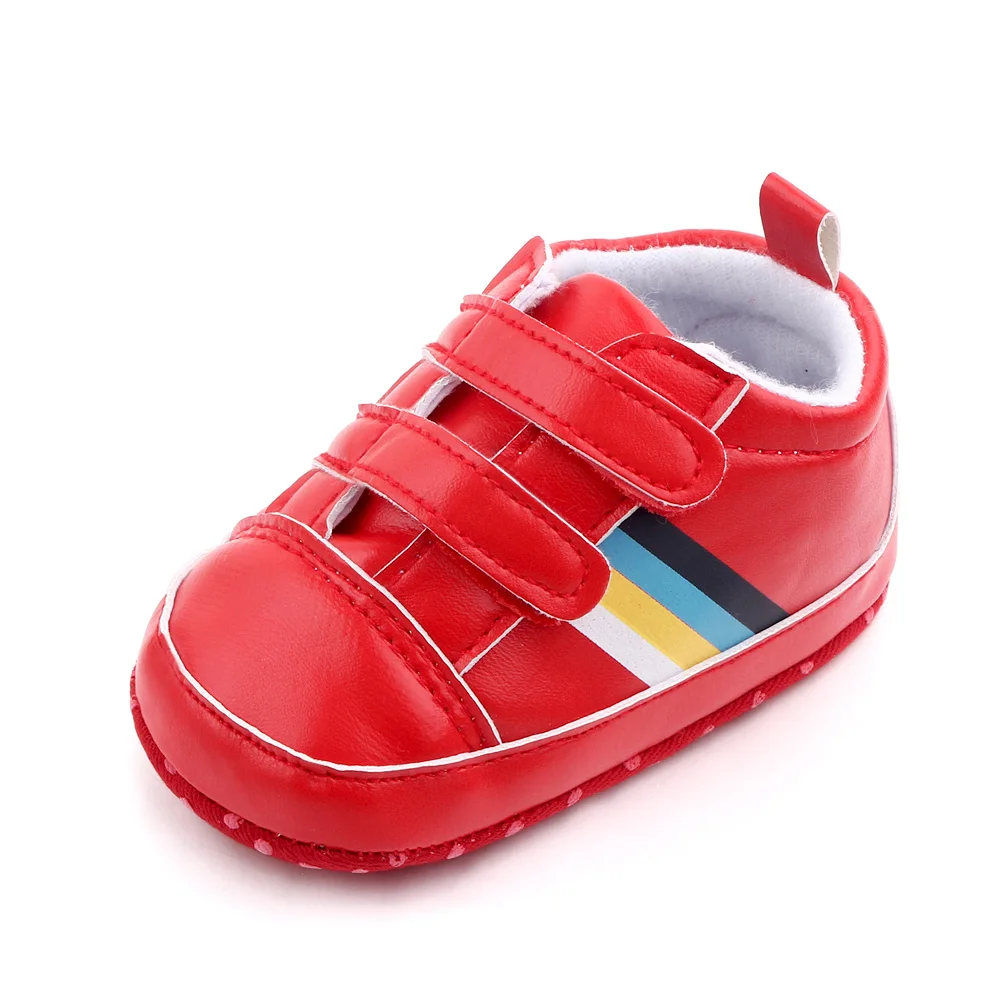 Spring and Autumn PU Leather Striped Double Line with Soft Soled Baby Indoor Walking Shoes supplier