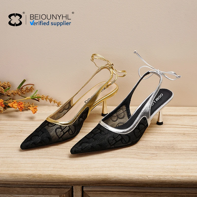 summer classic  Sexy Mesh Lace Pointed-toe Sandal Ankle Strap Hollow Out High Heeled Sandals Ladies Dating Nightclub Shoe