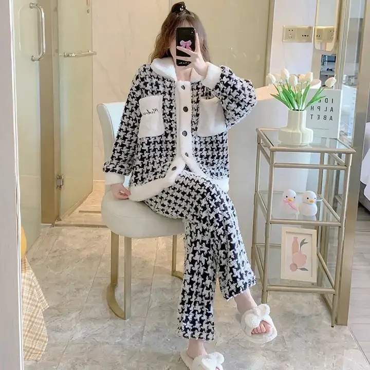 Women's Long Sleeve Pajama Set 2 Piece Sherpa Fleece Pullover Shirt and Pants Outfit Warm Loungewear Cozy Sleepwear