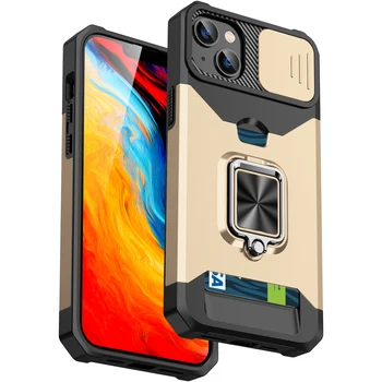 For iphone 11 12 13 14 pro max slide camera phone case lens protection card holder magnetic kickstand 2 in 1 mobile phone cover