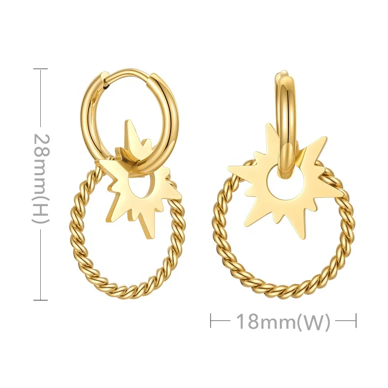 18K Gold Plated Stainless Steel Jewelry Six Pointed Star Rib Circle Drop Earrings E211234