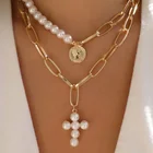 Pearl 2 Pcs White Imitation Faux Pearl Alloy Double Long Chain Women's Coin Cross Portrait Necklace