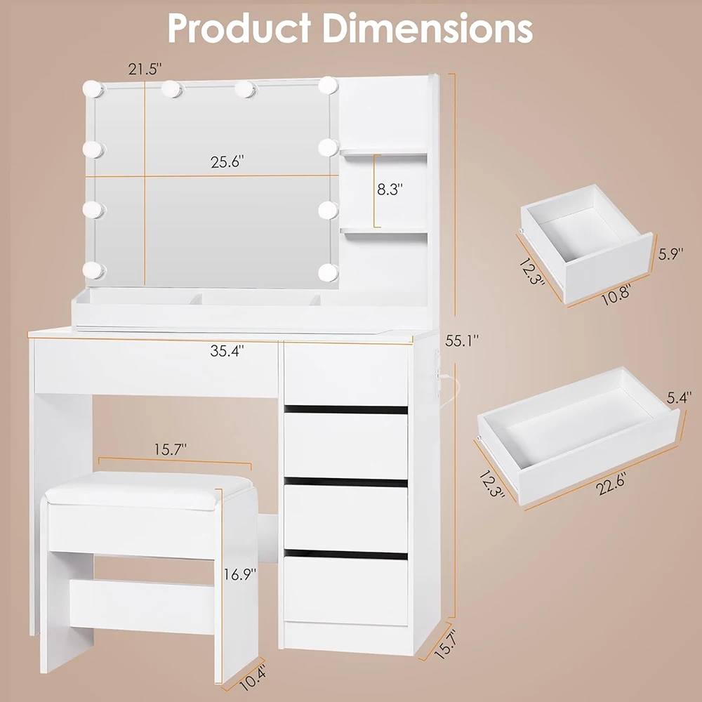 Small Modern 35.4\" Vanity Table Set Lighted Mirror Power Outlet 5 Drawers Shelves 3 Lighting Colors Makeup Vanity Desk Glass supplier