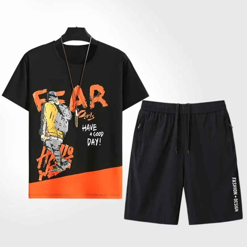 Men Waffle Suit men's summer Half sleeve popular casual sports pants men's T-shirt shorts 2 Pieces Set