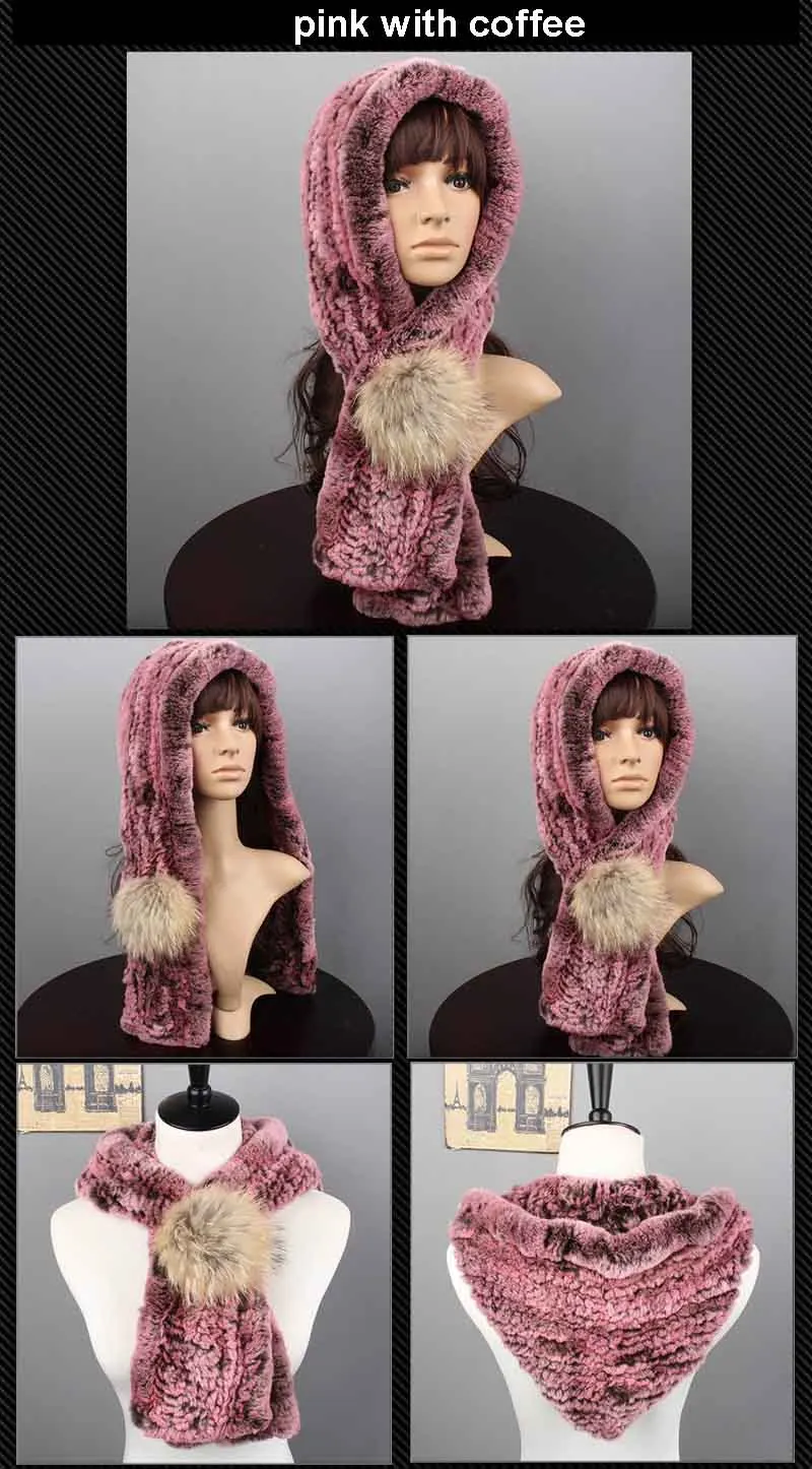 knit rex fur hood scarf pink 1