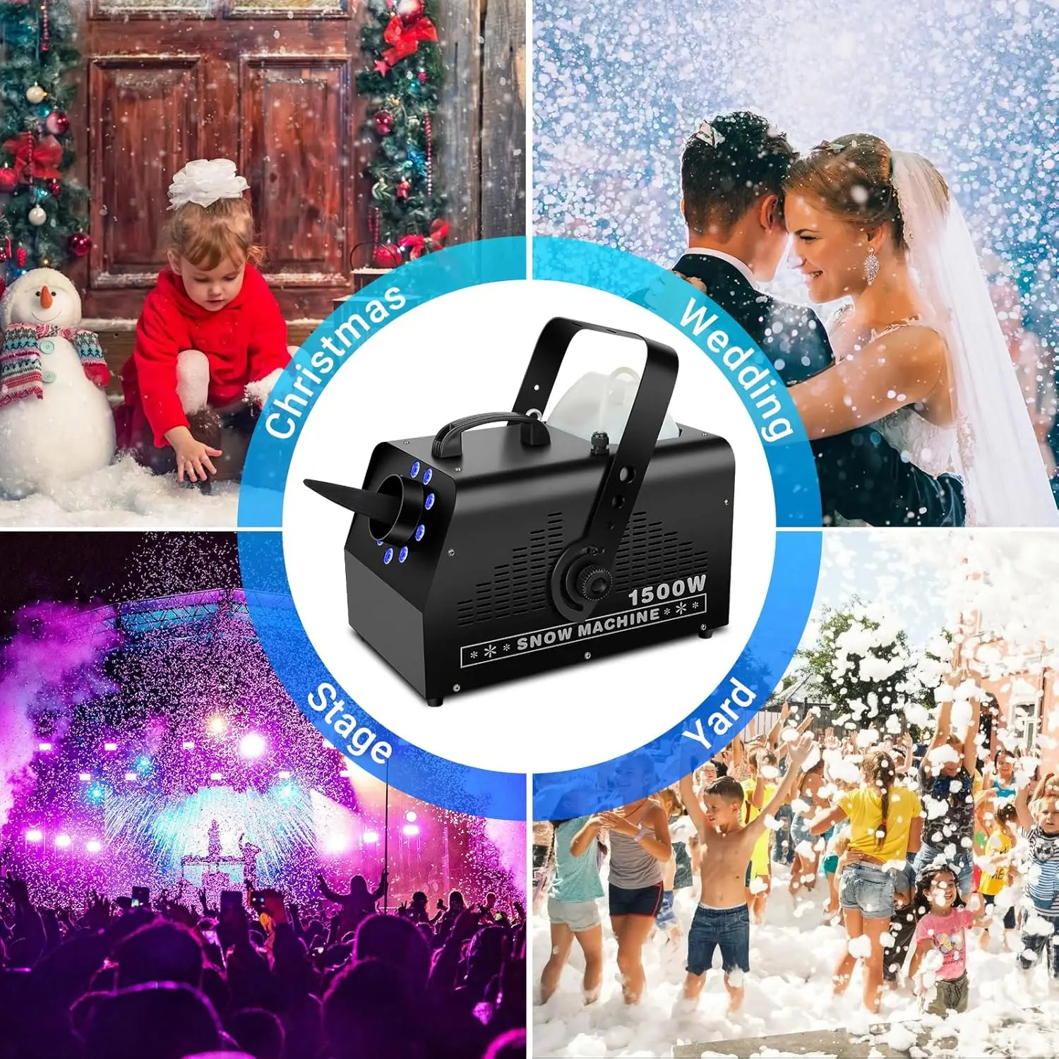 1500W High Output Remote Control Snow Maker Machine with RGB LED Light for Stage and Christmas Party