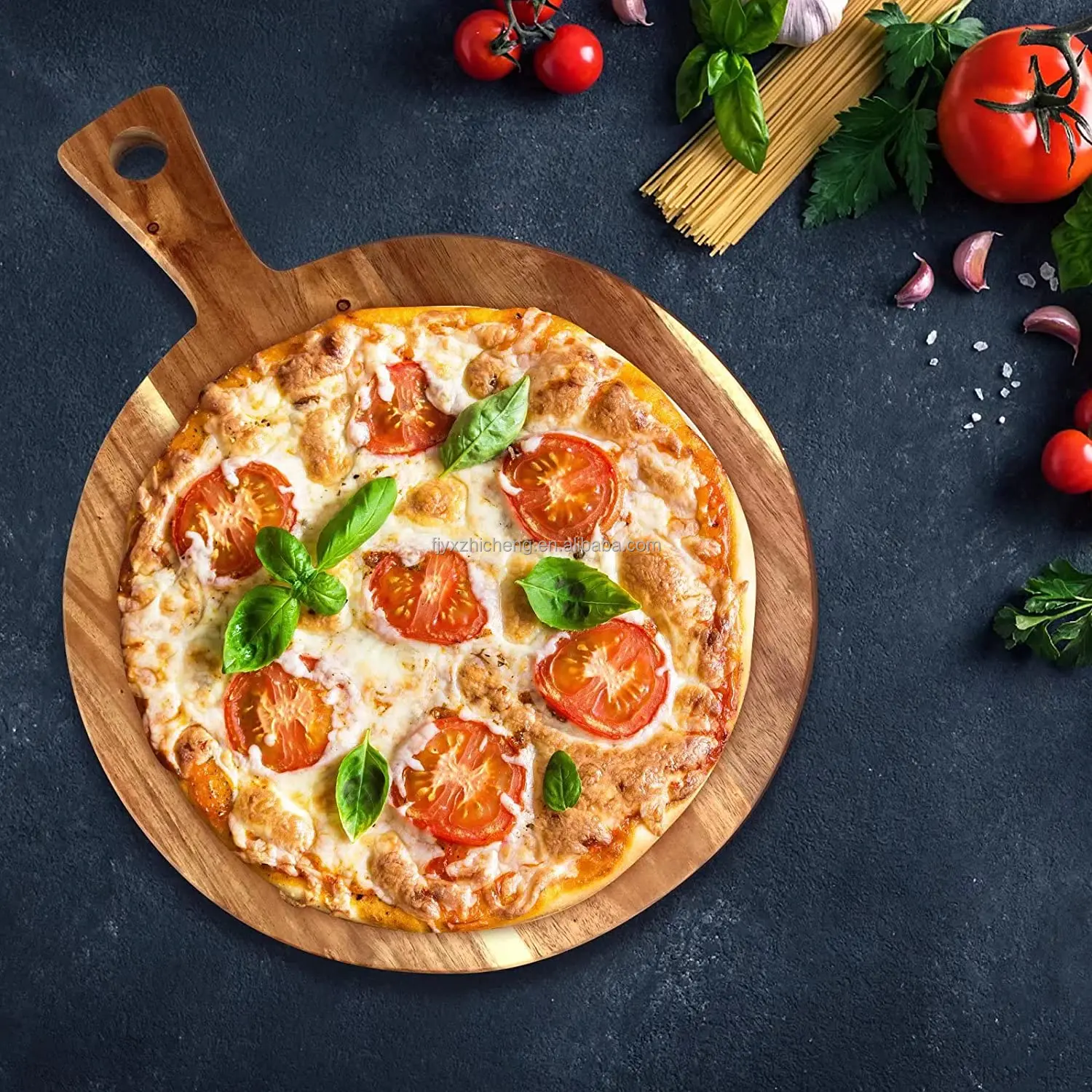 product acacia wood pizza peel cutting board round chopping boards with handle for kitchen-4