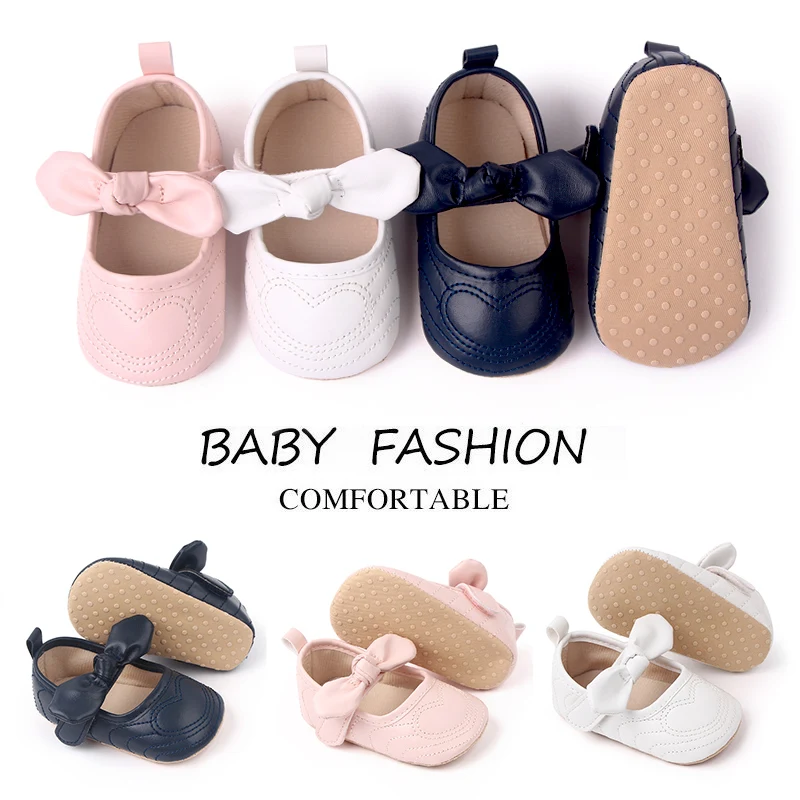 Heart-shaped Bow Mesh Breathable PU Leather-top Soft Soled Princess Toddler Shoes for Baby Girls details