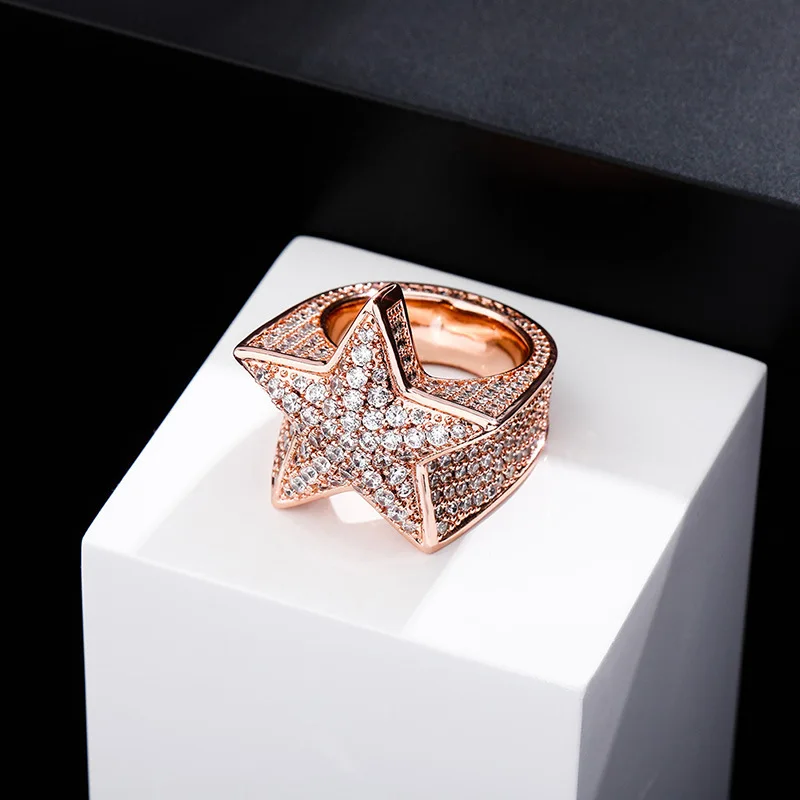 2020 INS New fashion INS European style rapper rings star shape iced gemstone gold plating rose gold color ring for women & men