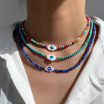 Factory Direct Sales Fashion Shell Charm Evil Eye Jewelry Necklace Minimalist Handmade Crystal Layered Beaded Choker Necklaces