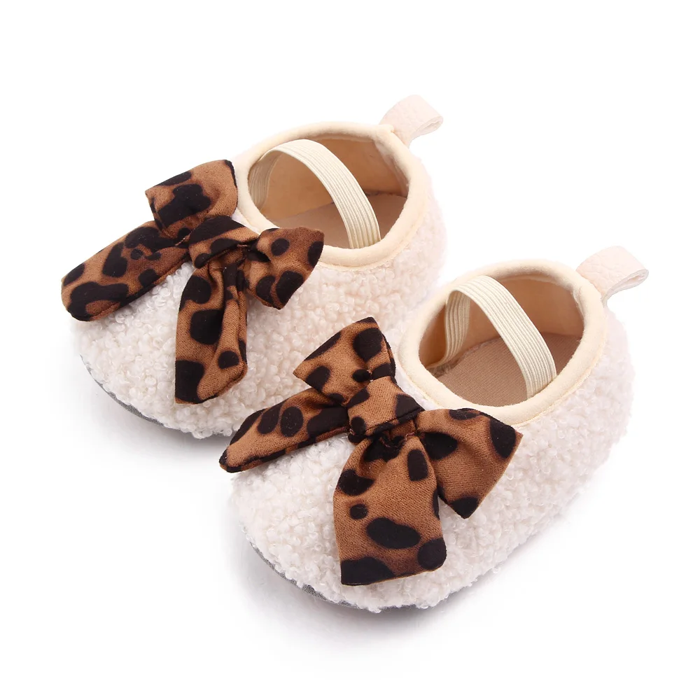 0-1 Year Old Infants Foot Set Solid Color Teddy Velvet Leopard Bow Baby Girls Cute Soft Soled Toddler Shoes supplier