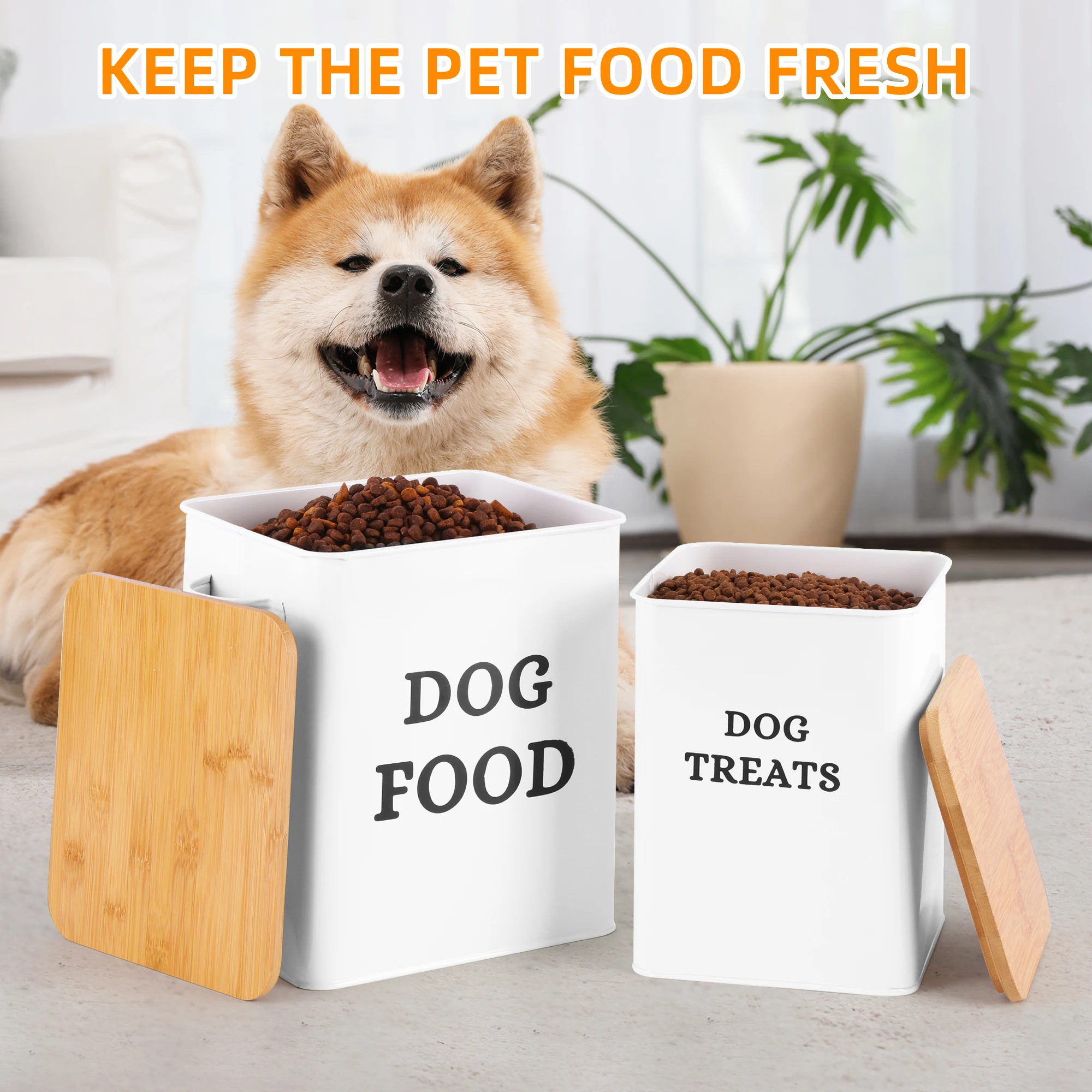 Factory Airtight Pet Food Metal Storage Sets Dog Food and Dog Treat Storage Container Sets With Wooden Lid and Meas