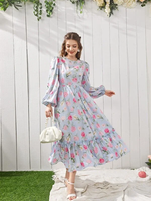 Factory OEM & ODM Mother and Daughter Dresses Floral Print Lantern Sleeve Ruffle Hem Dress Mommy and Me Family Matching Outfits