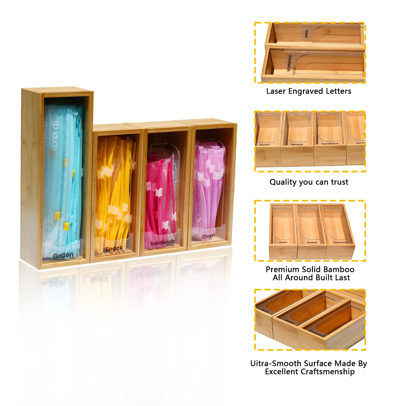 Kitchen New Design Set Of 4 Bamboo Wooden Ziplock Bag Storage Organizers With Slide Acrylic Lid