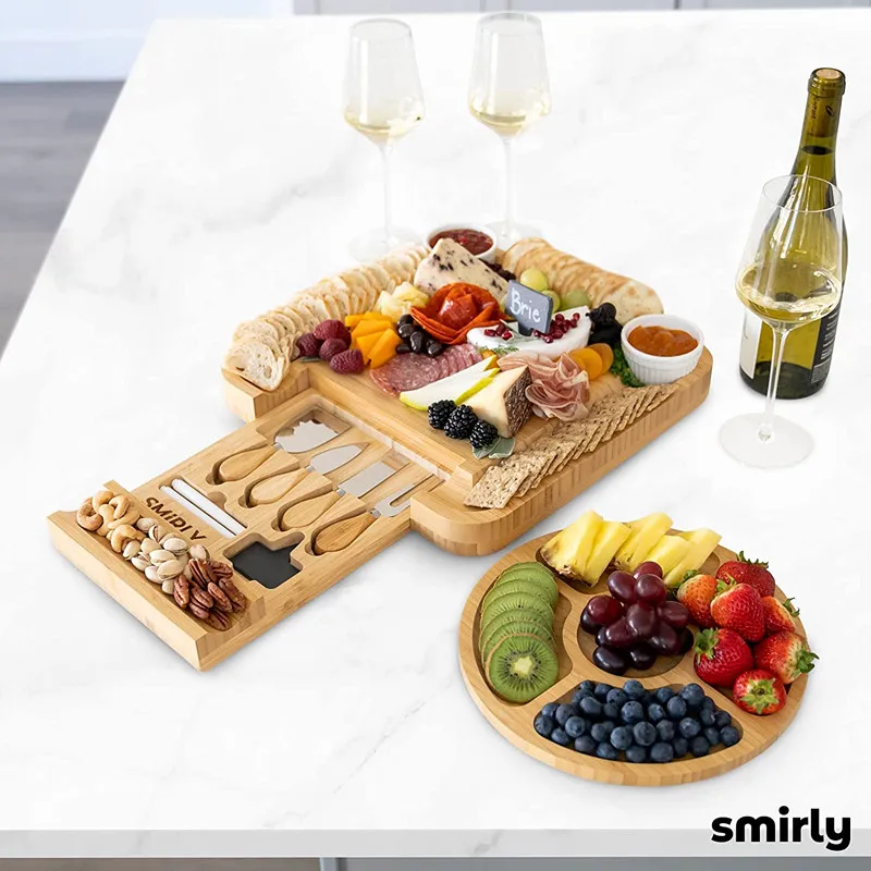 Bamboo Cheese Board and Knife  Large Charcuterie Boards Set & Cheese Platter - Unique House Warming Gifts, Wedding Gifts