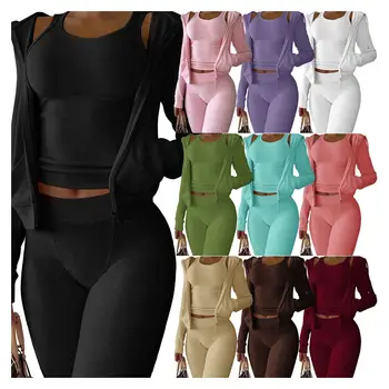 Custom Logo Women's Street Casual 3-Piece Lounge Sets Solid Color Cotton Track Suits Hoodie Tight Trousers Coat with Pants