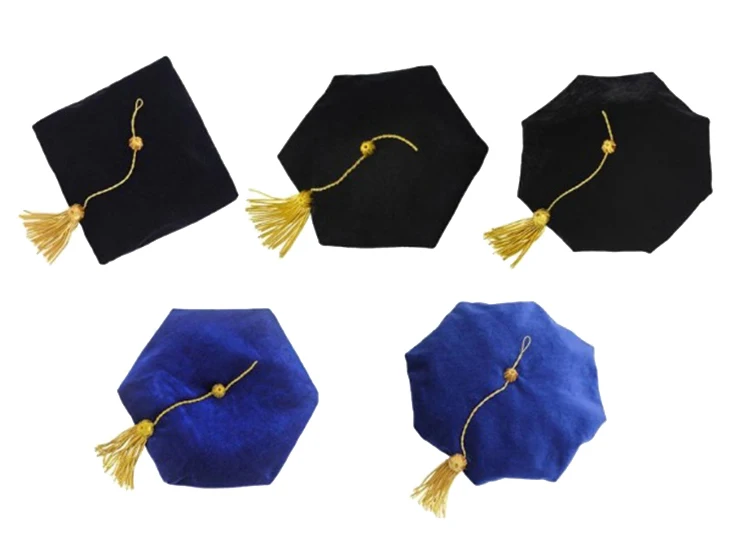 Blue velvet doctoral regalia full ensemble display Complete doctoral graduation gown set on mannequin
