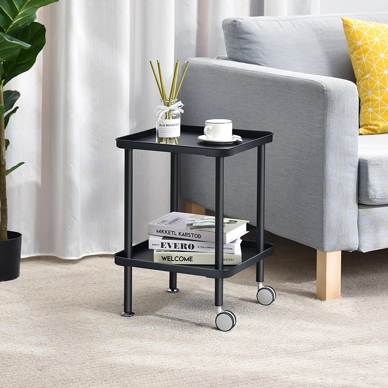 Sofa Side Table Metal Tray End Table Living Room Bedroom 2 Tier Nightstand Utility Rolling Cart with Wheels