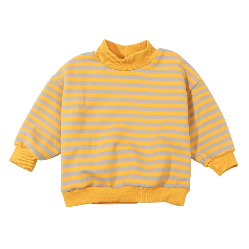 Kids Autumn Winter New Striped Fleece Sweatshirt Boys and Girls Baby Medium High Neck Pullover Top