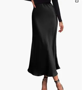 High Quality Acetate Satin Skirt Elasticated High Waist Solid Color Slit Midi a line Skirt