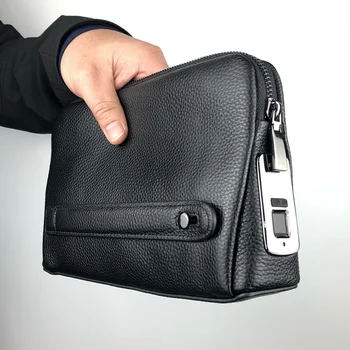 Top Amazon 2022 Genuine Leather Anti Theft Fingerprint Lock Business Men Clutch Purse Zipper Bag waterproof Man Leather Handbag