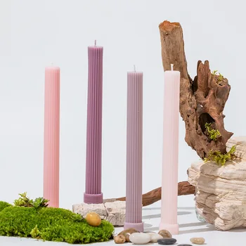 Wholesale Handmade Morandi Color Long Stick Ribbed Soy Wax Stripe Roman Pillar Candle for Wedding Banquet