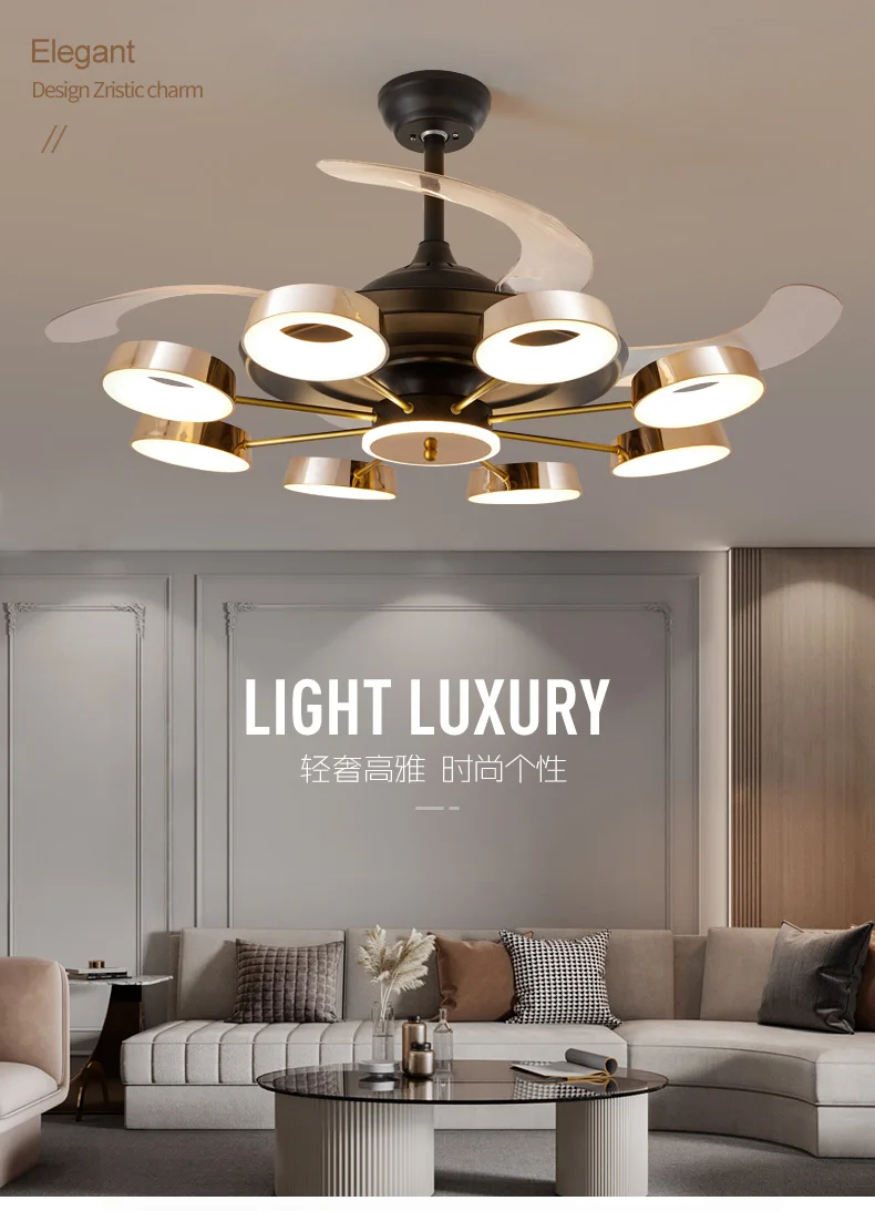 light luxury High Quality Modern Living Room Bedroom Ceiling Fan Lighting Dual Color LED Fan Light 0