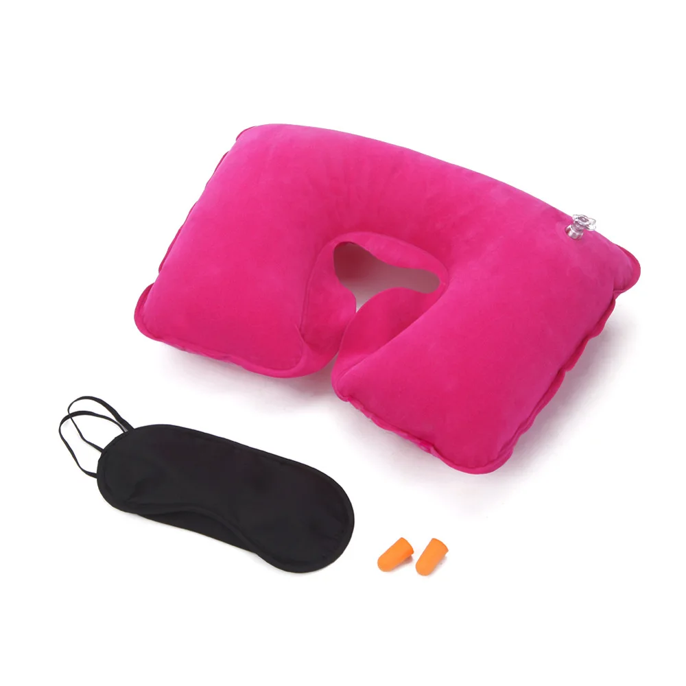 Hot selling PVC inflatable U-shaped plush nap pillow airplane ride travel neck protection pillow outdoor portable 3-piece set