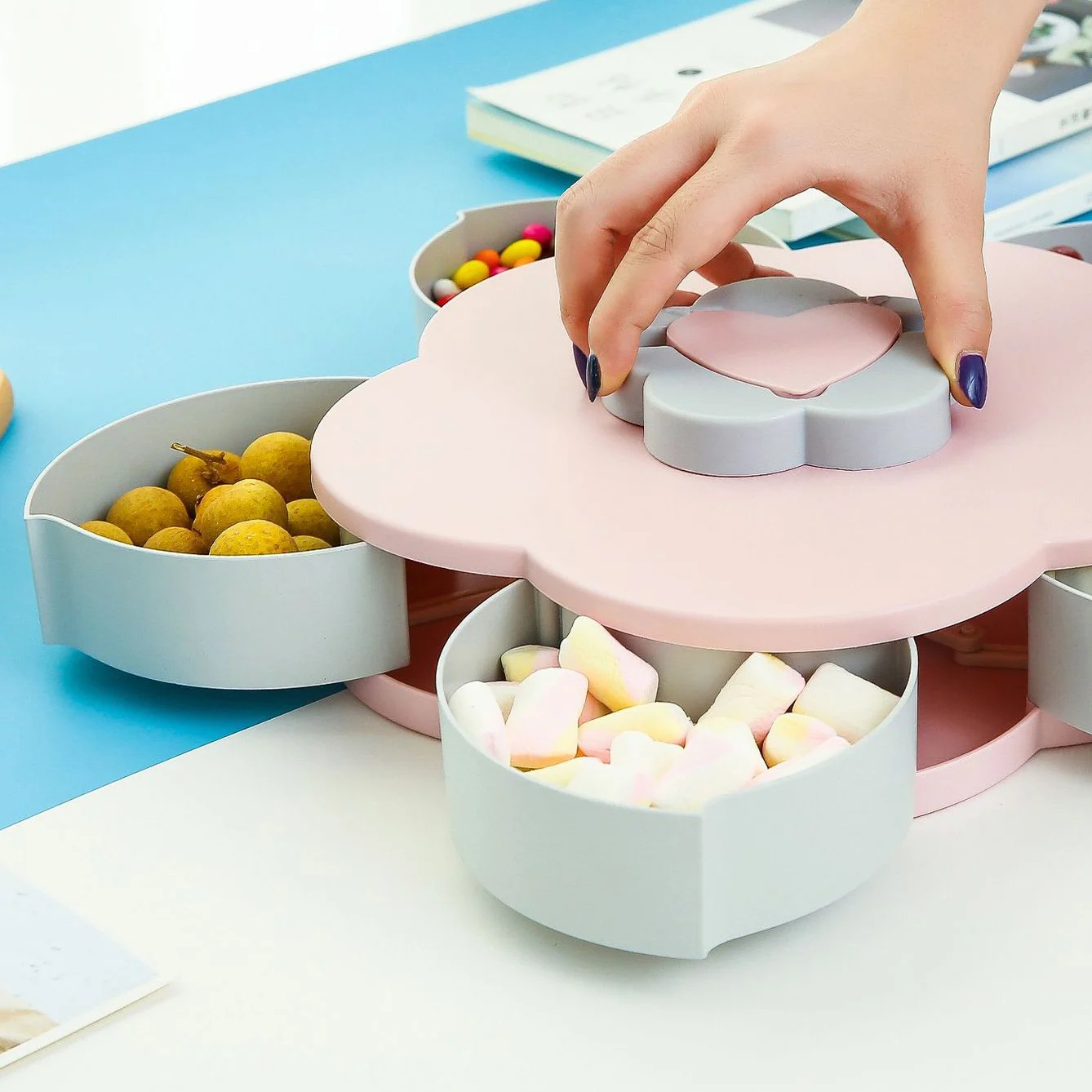 P1232 Double Layer Flower Style Fruits Plate Home Candy Nut Storage Box Sealer Jewelry Case Rotation Petal Food Boxes