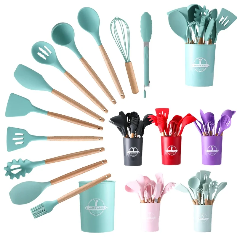 Non Stick Cooking Tools Silicone kitchen Utensils Set Silicone Utensils Set With Storage Bucket