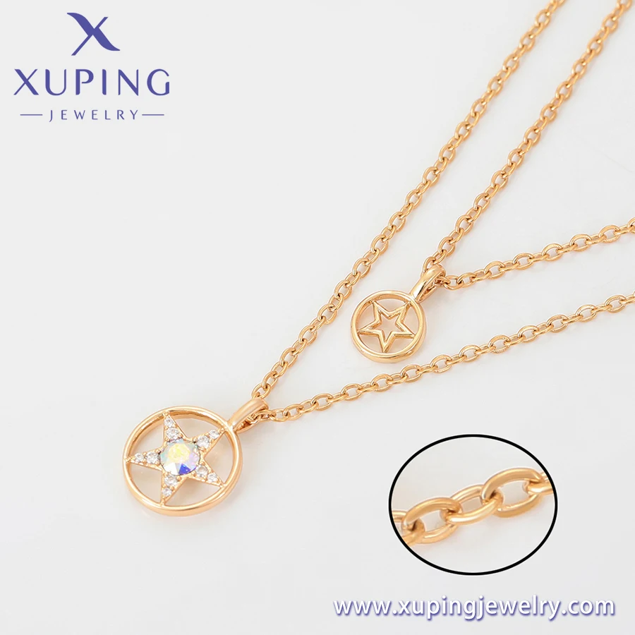 A00917006 XUPING European wholesale jewelry 18K gold color women Double-layer chain five-pointed star Crystal pendant necklace