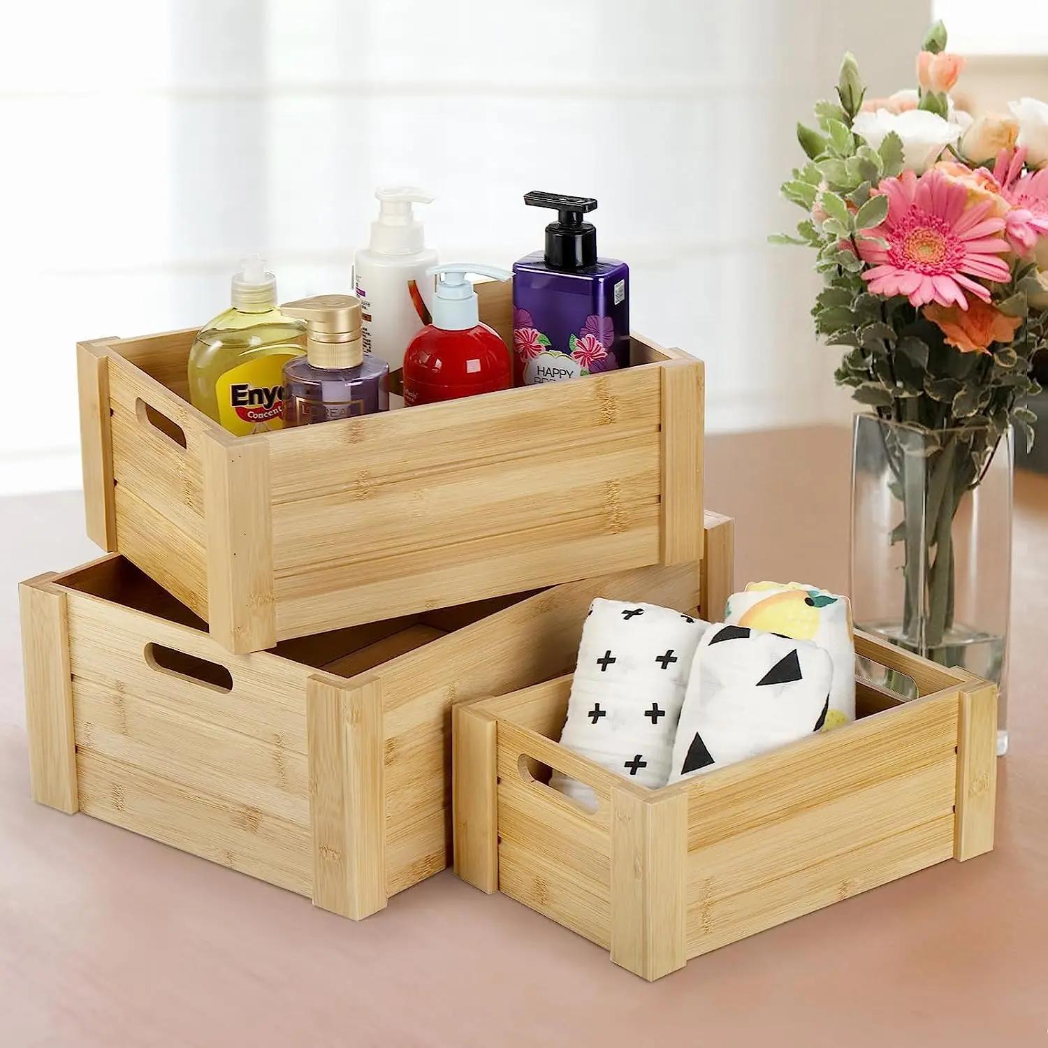 product natural bamboo wooden storage bins set desktop basket box kitchen food container with handles-5