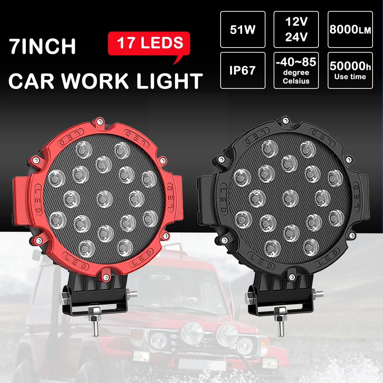 Pair 7inch Round LED Work Lights Hi/Lo Beam Driving Lamps Offroad Truck - Foto 8