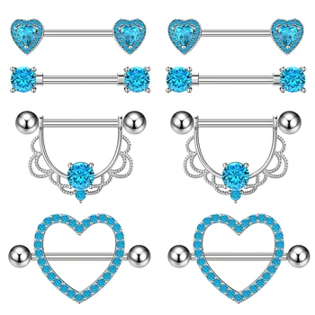 4Pair/Set High Quality Aqua Zircon Heart Sexy Nipple Barbell Stainless Steel Piercing Jewelry Nipple Ring for Women