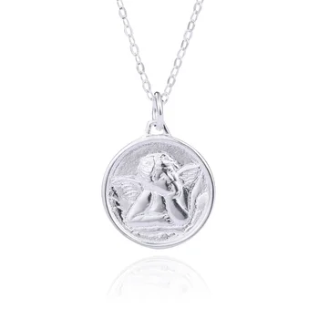 Lovely Cute Guardian Angel Necklace Cherub Angel 925 Silver Round Medallion Coin Necklaces Damila Jewelry A1291