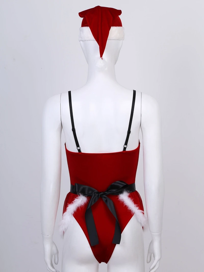 Women Sexy Lingerie Christmas Set Plus Size Velvet Jumpsuit With Feather Trimming Apron Hat