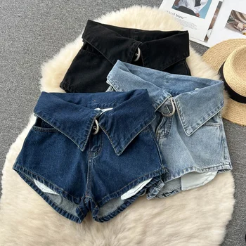 Spring New Fashion Denim Shorts High Waist Cuffs Wide Leg Washed With Belt Female Super Short Jeans