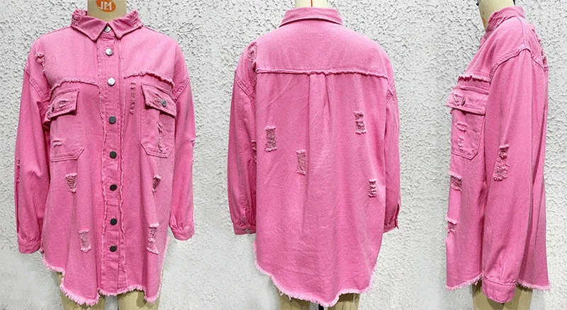 Wholesale Long Sleeve Jeans Top Shirt Ladies Hole Ripped Denim Jacket Coat Women's Blouses Overcoat for Women supplier