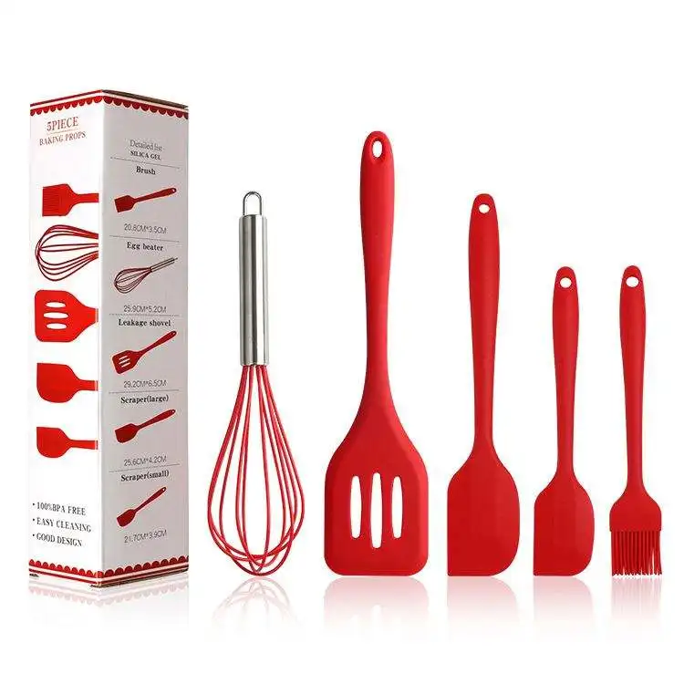 New 5Pcs Heat-Resistant Silicone Kitchen Utensils Cheap Cooking Spatula Set with Box Packaging for Home Kitchen Accessories