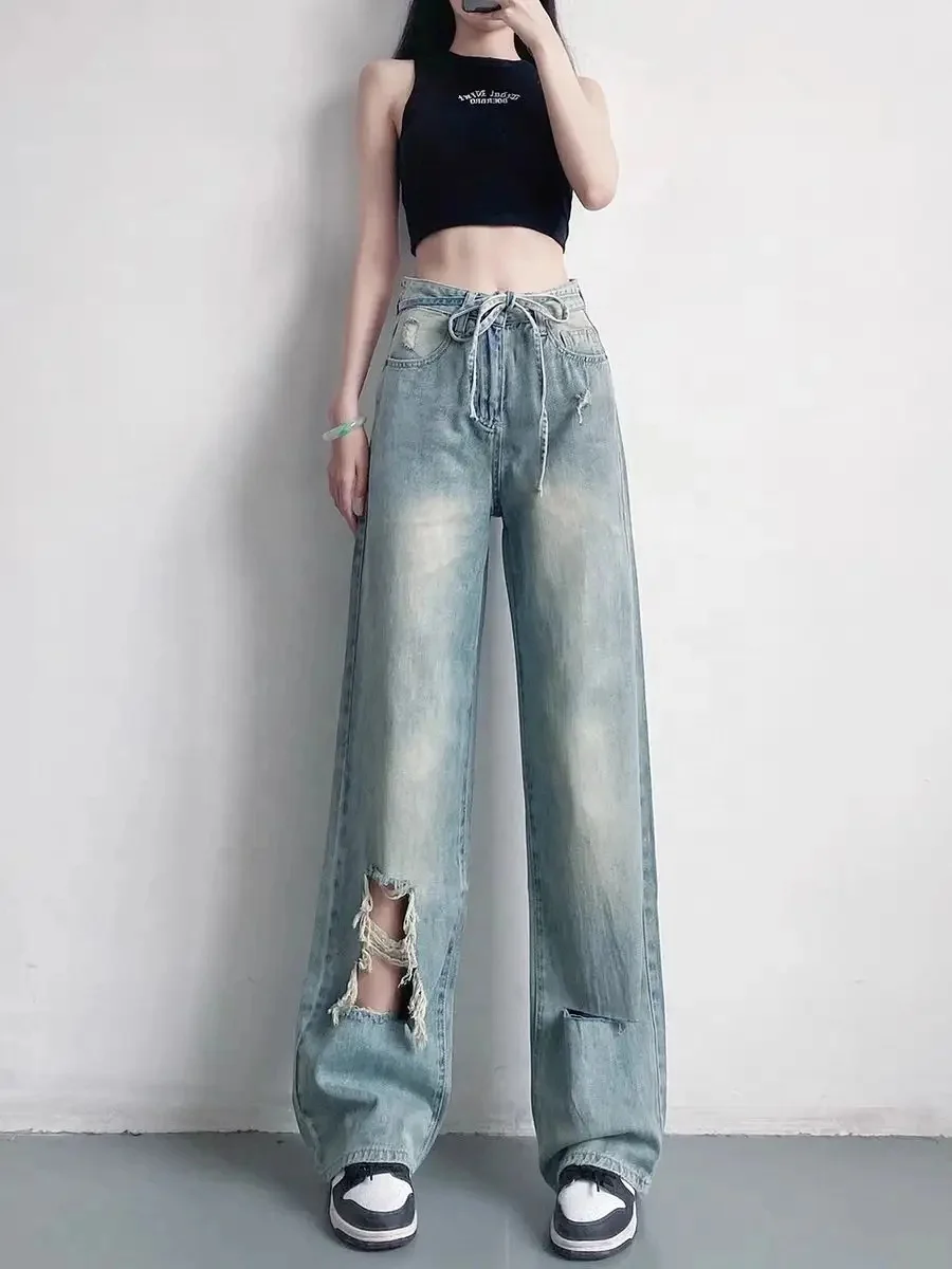 Women Independent Station Autumn And Winter Water Wash High Waist Broken Pants Wide Leg Pants Jeans