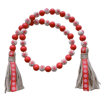 Wood Bead Garland with Tassels Wooden Garland Beads, Christmas Home Decoration Farmhouse Decor Painted Red + Nature Wood Color