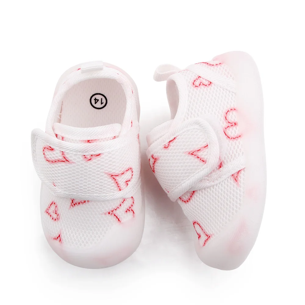 Children's Small White Shoes Breathable Mesh Cloth Heart Stripe Kids Rubber Soled Walking Shoes details