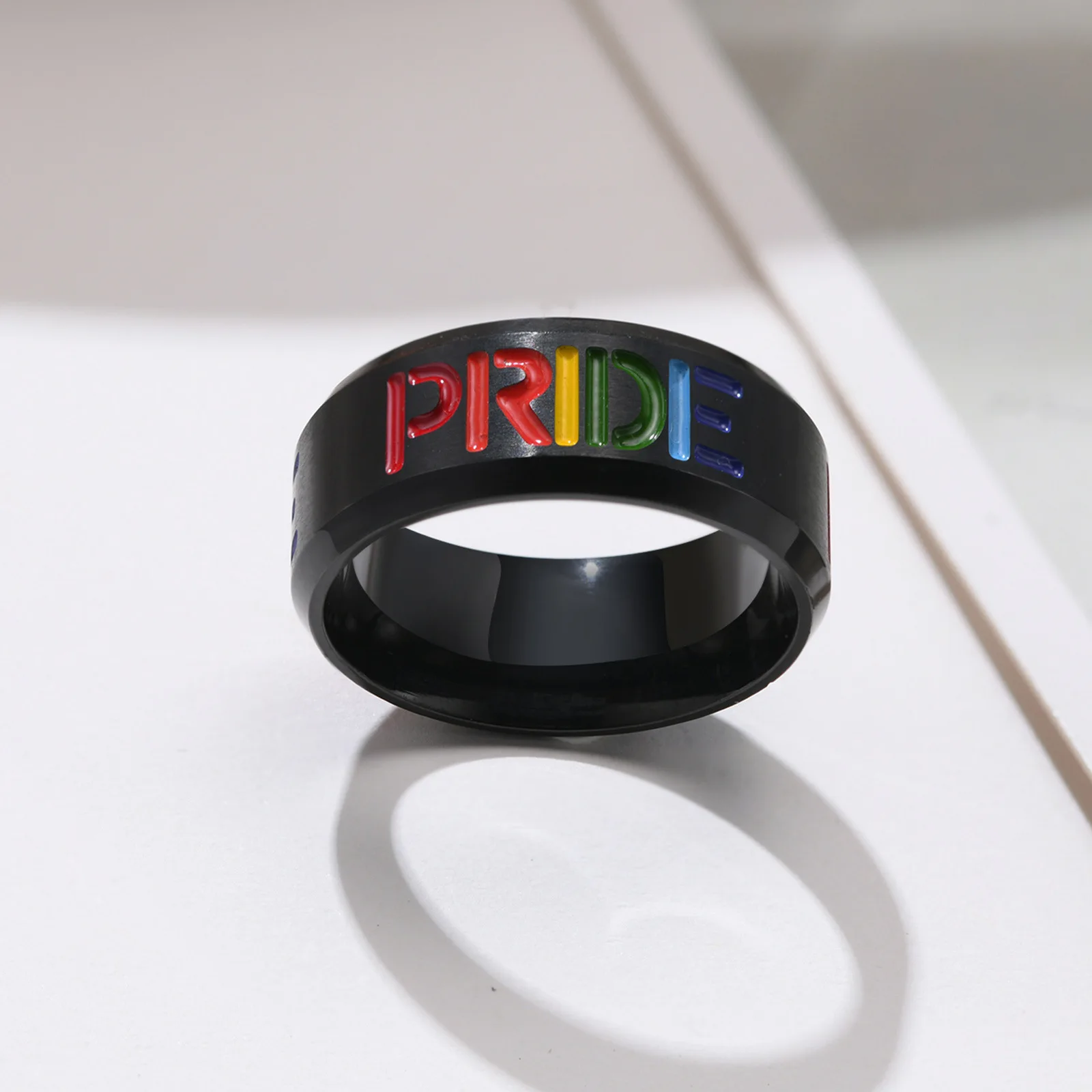 New Korea Black Gay Man Ring Stainless Steel Drop Glue Rainbow Ring Black Men Lgbt Gay Lesbian Wedding Band Pride Ring