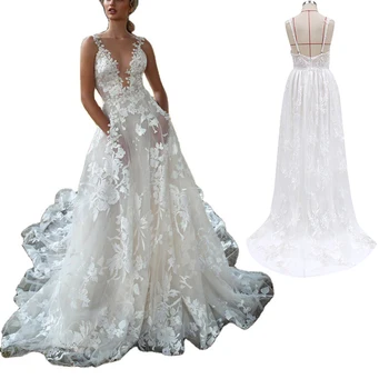 Sleeveless V Neck Lace Wedding Bridal Dresses Cheap White Maxi Casual Slip 3 Layer Wedding Party Dress