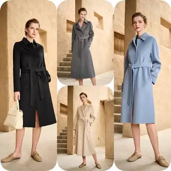 Women's single breasted coat long winter work office coat pocket coat with belt