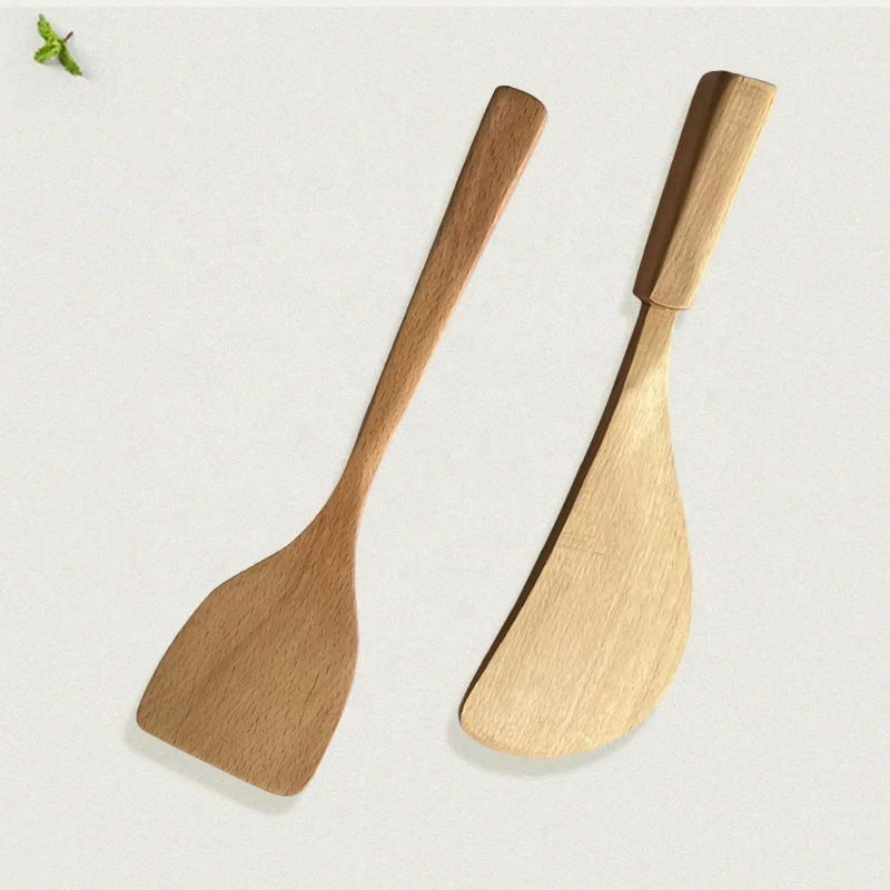 Beech handle flat-bottomed wooden bowl long-handled wooden fork kitchen utensils set