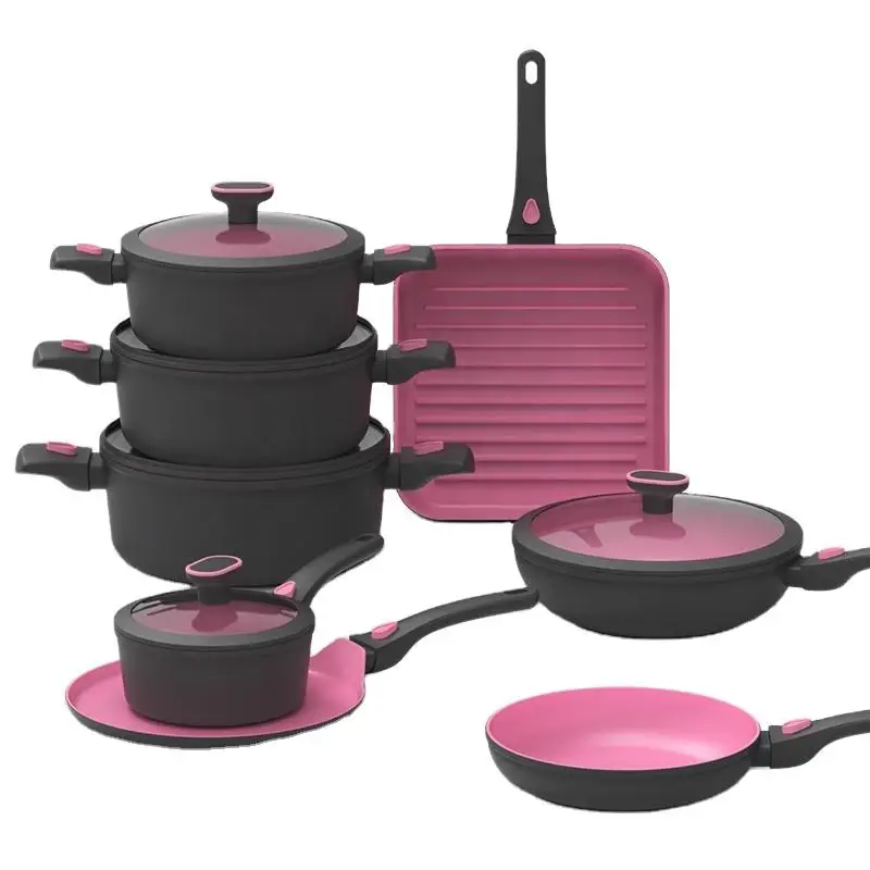 New design forged aluminum cookware set with removable handle silicone lid nonstick fry pan