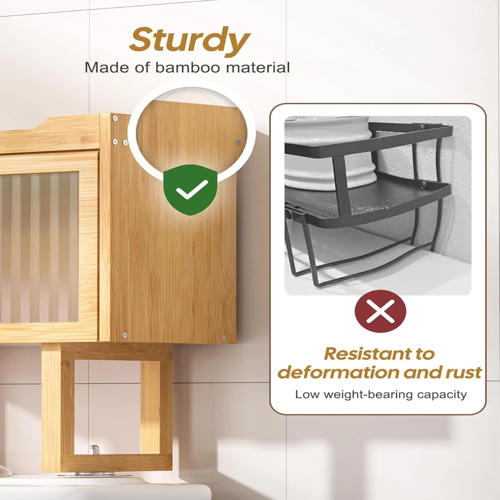product bamboo wall mounted toilet storage cabinet space saving bathroom storage rack with lid and 2 hooks no drilling design-13