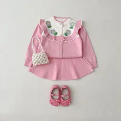 2023 RTS knitted Fall winter candy-color skirt two piece girls pure button sweater set boutique girls knitwear suits
