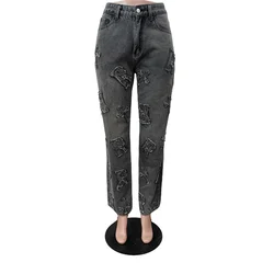 Fashion Letter Patch Straight Jeans Women Washed Pants Female Casual Blue Straight Leg Denim Trousers